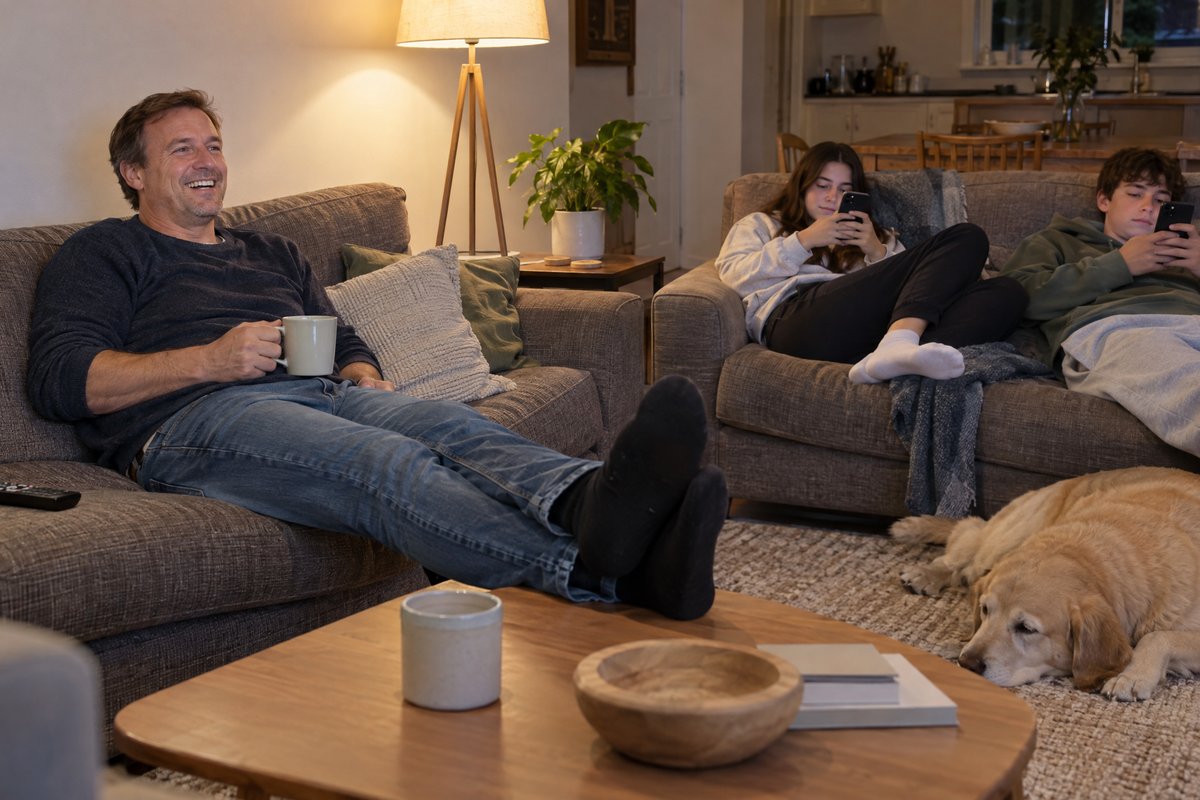 A man relaxing on the couch with a cup of tea and his feet up, two teenagers on their phones and a dog on the rug