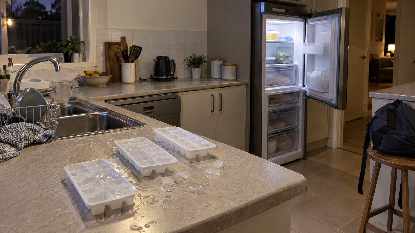 Ice trays and spilt ice on a kitchen bench at night, the freezer door open and a school backpack on a stool