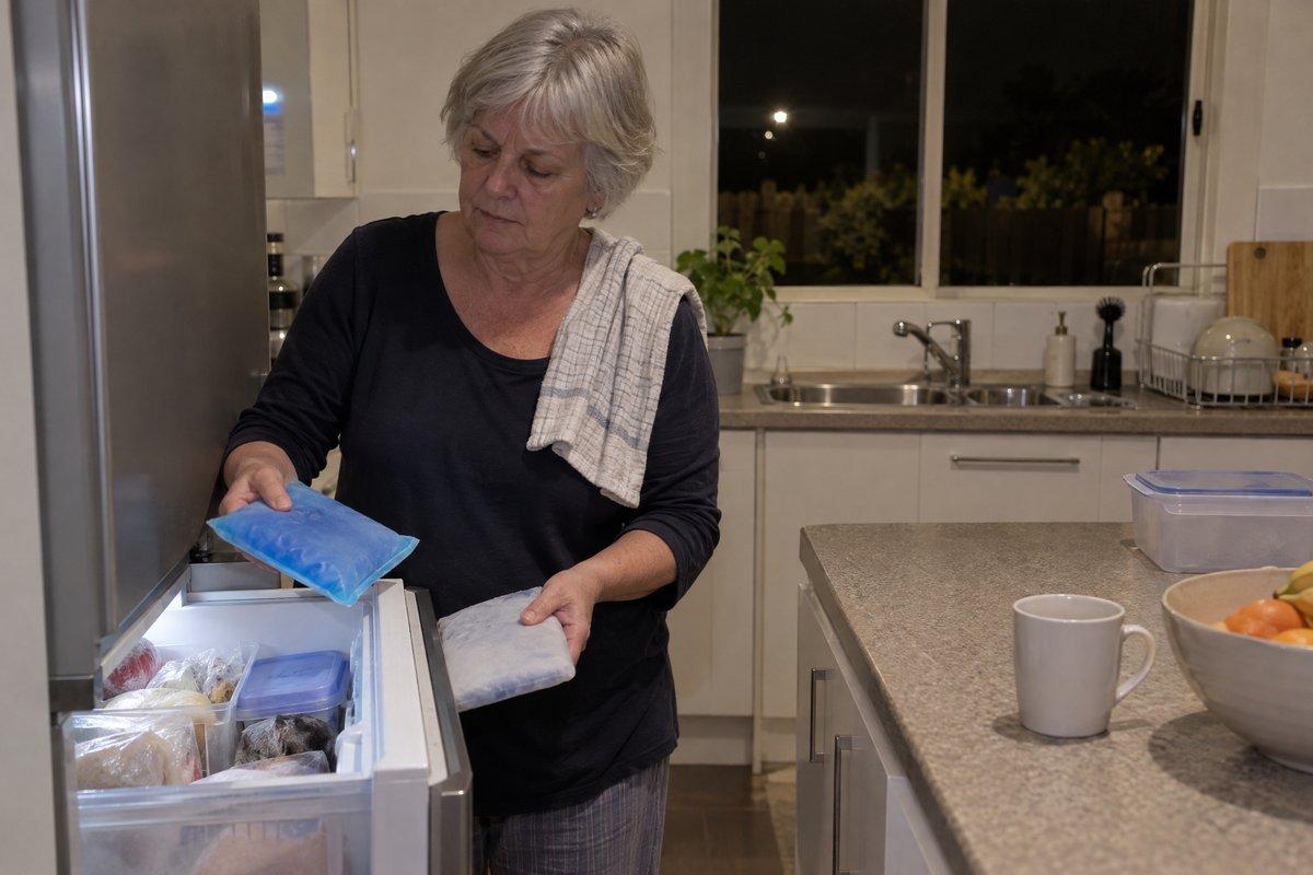 A woman at an open freezer at night swapping a blue gel pack, a tea towel over her shoulder