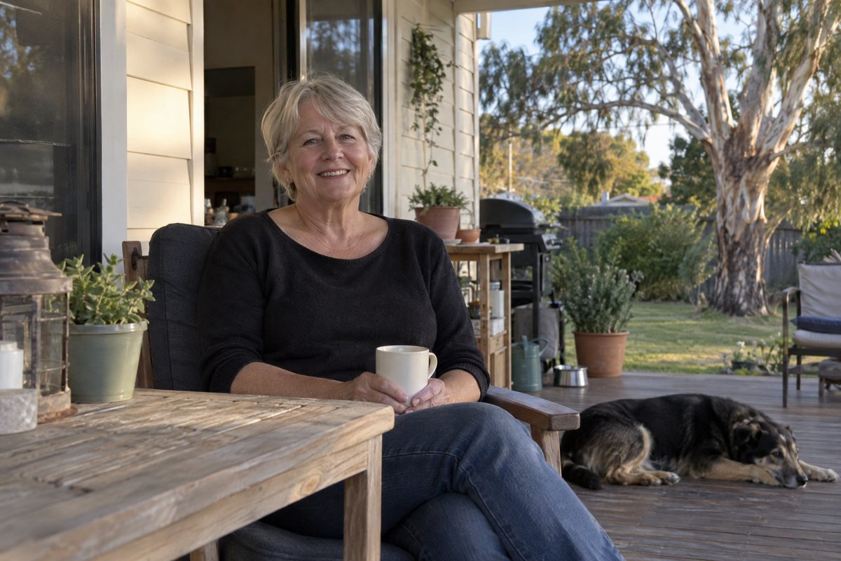 A woman relaxing on a back verandah with a mug of tea, a gum tree and a sleeping dog behind her