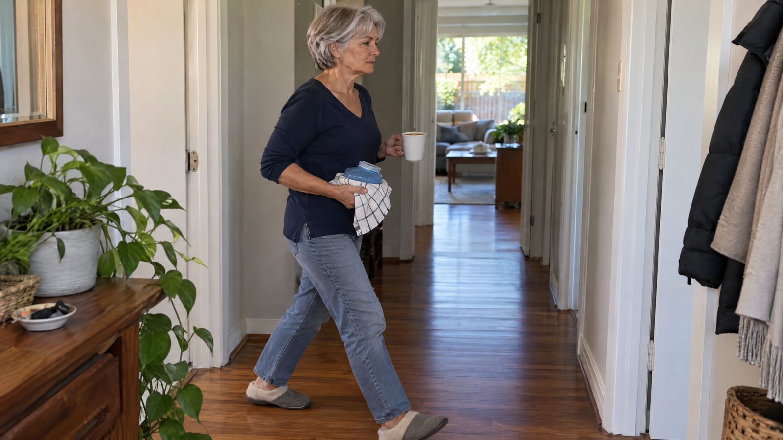 A woman walking down a hallway carrying a tea-towel-wrapped ice pack and a mug