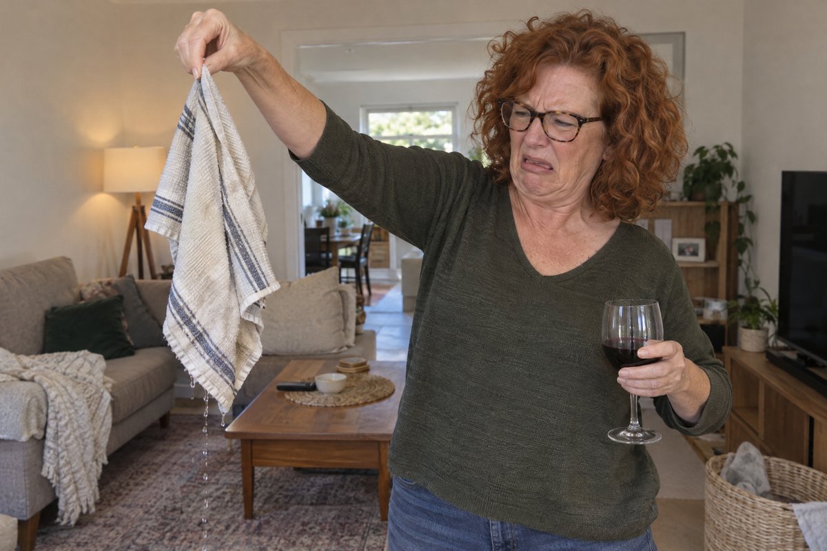 A woman holding a dripping tea towel at arm's length with a look of disgust, a glass of red wine in her other hand