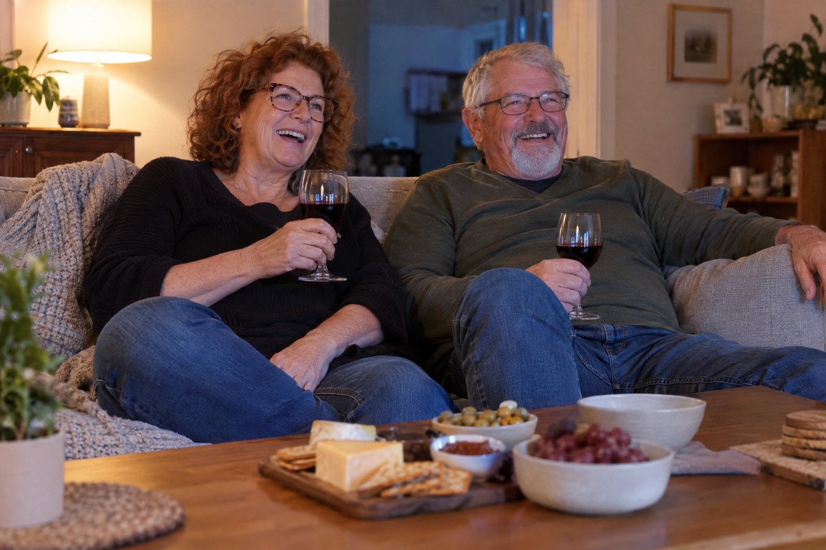 A couple laughing together on the couch with glasses of red wine and a cheese board