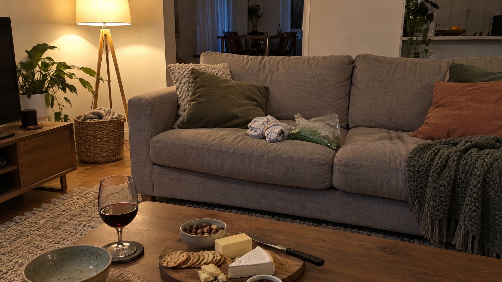 A lounge room at night, a bag of thawed peas and a tea towel on the couch, red wine and a cheese board on the coffee table