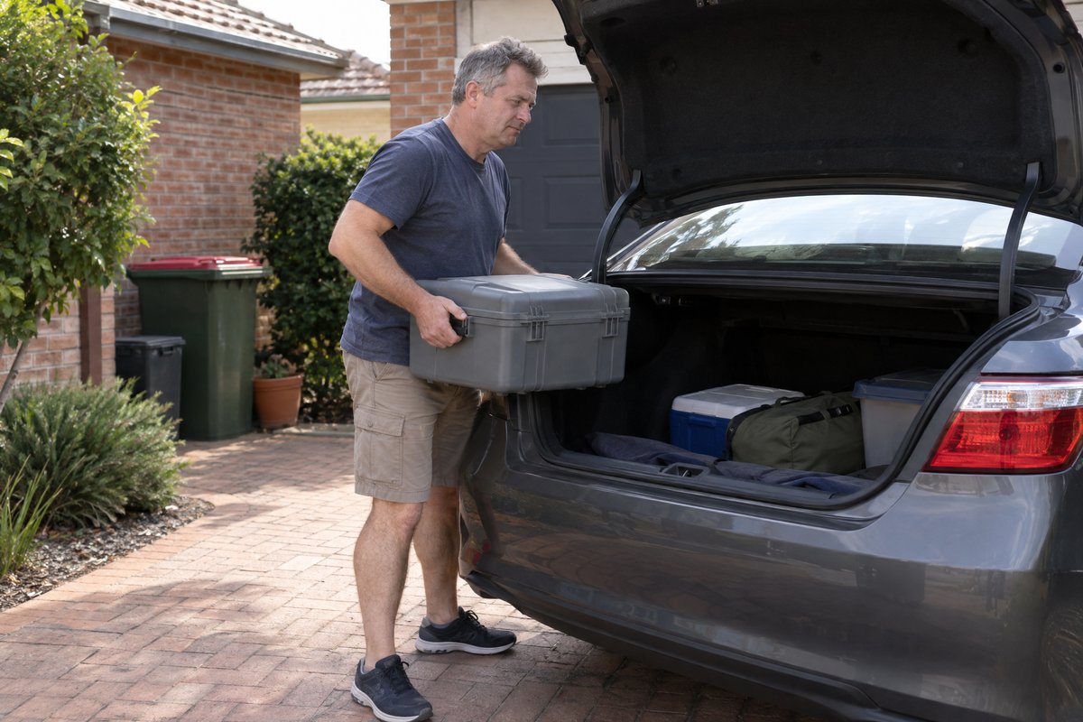 A man loading a plain grey hire case into the boot of his car