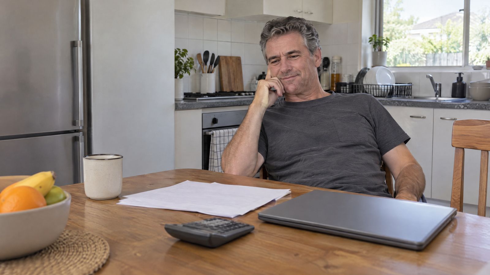 A man leaning back at a kitchen table with a calculator, papers and a closed laptop, half-smiling