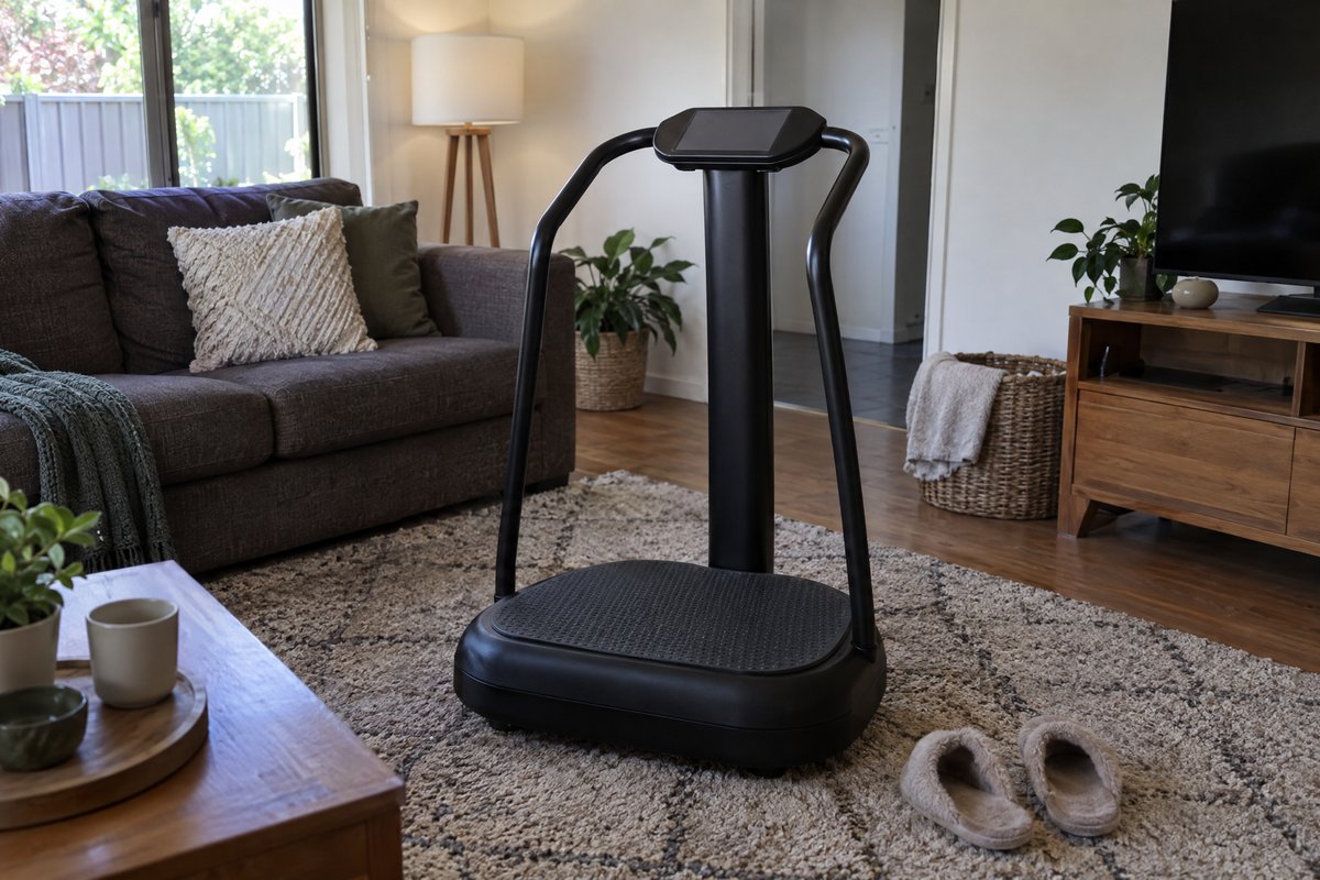 A vibration plate on a rug in a lounge room