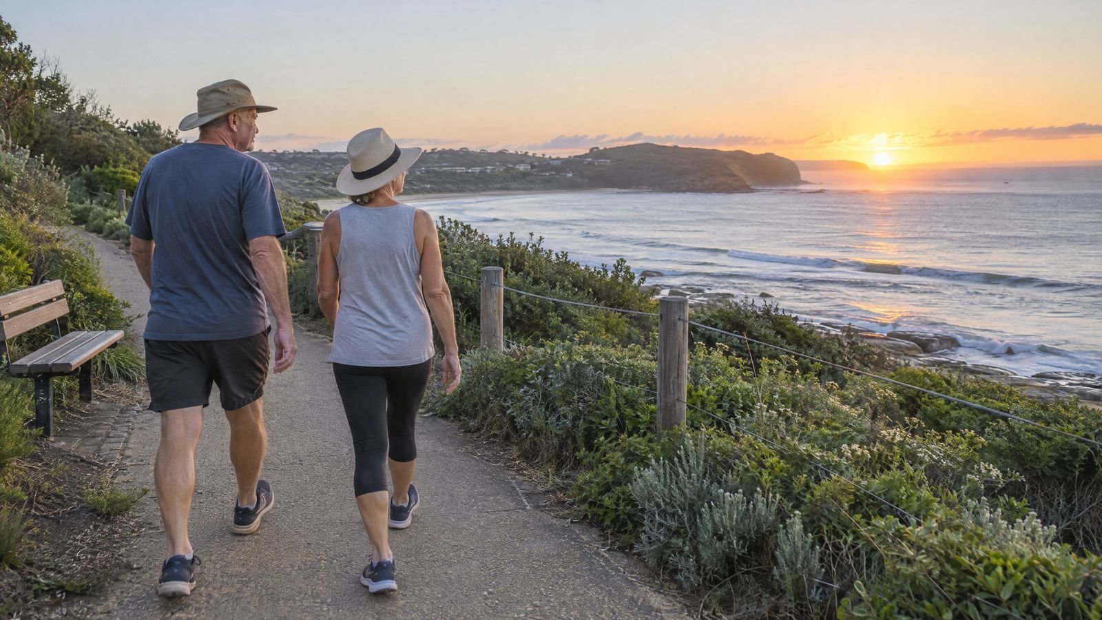 An older couple walking a coastal path at sunrise, seen from behind