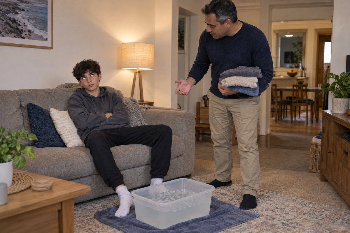 A teenage boy on the couch rolling his eyes, socked feet in a tub of ice water, while his dad holds a stack of towels