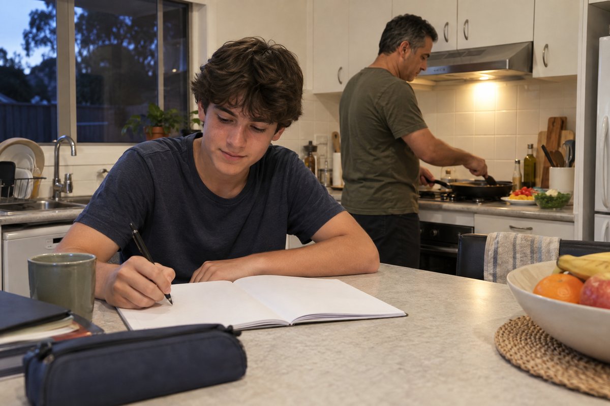 A teenage boy doing homework at the kitchen bench while his dad cooks behind him