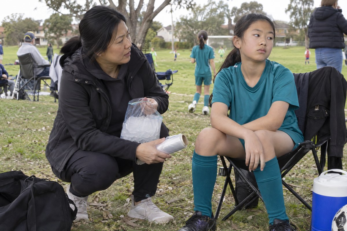 A mother crouched beside her daughter at a sports ground holding a bag of ice and a roll of cling wrap, the girl unimpressed