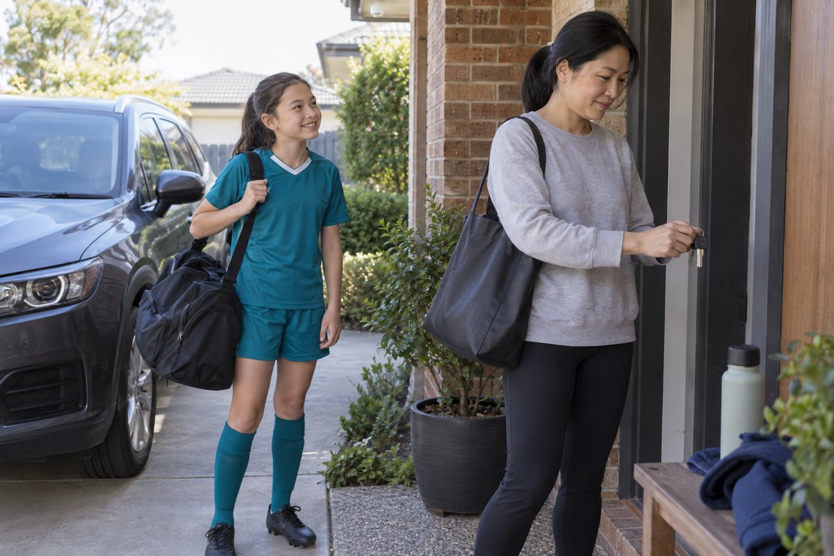 A girl in a teal soccer kit with her sports bag at the front door while her mum locks up
