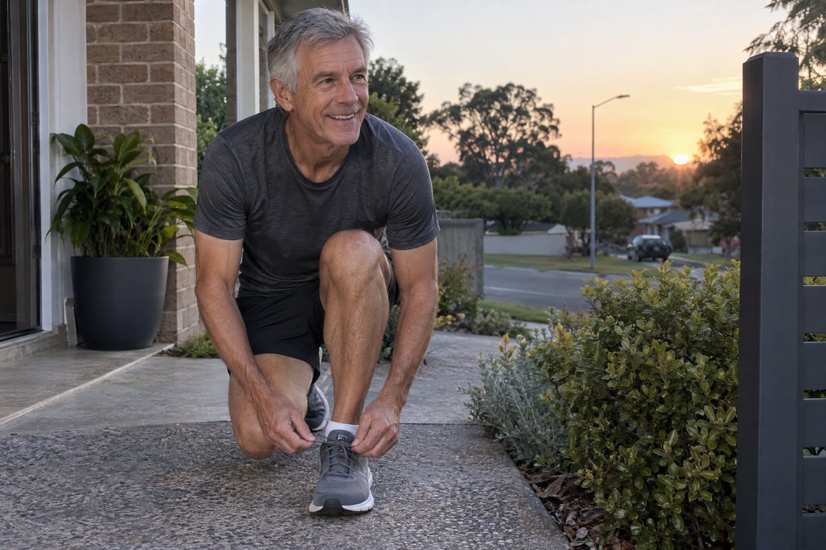 A grey-haired runner crouched at his front gate at dawn, tying his running shoes