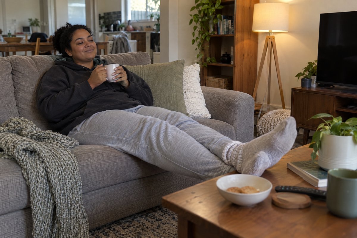 A woman relaxing on the couch in a hoodie with a cup of tea, socked feet up