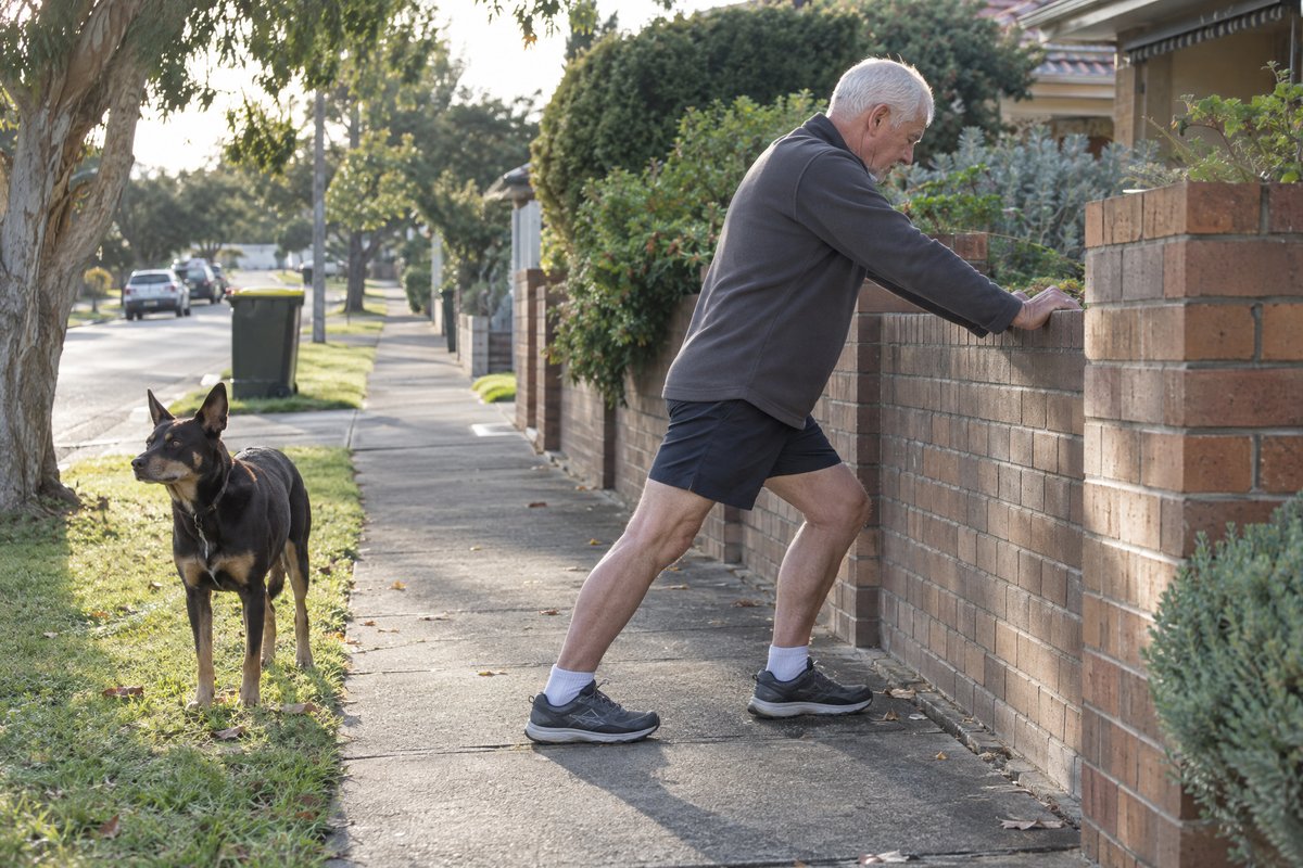 An older man stretching his calf against his brick front fence while his kelpie waits on the footpath