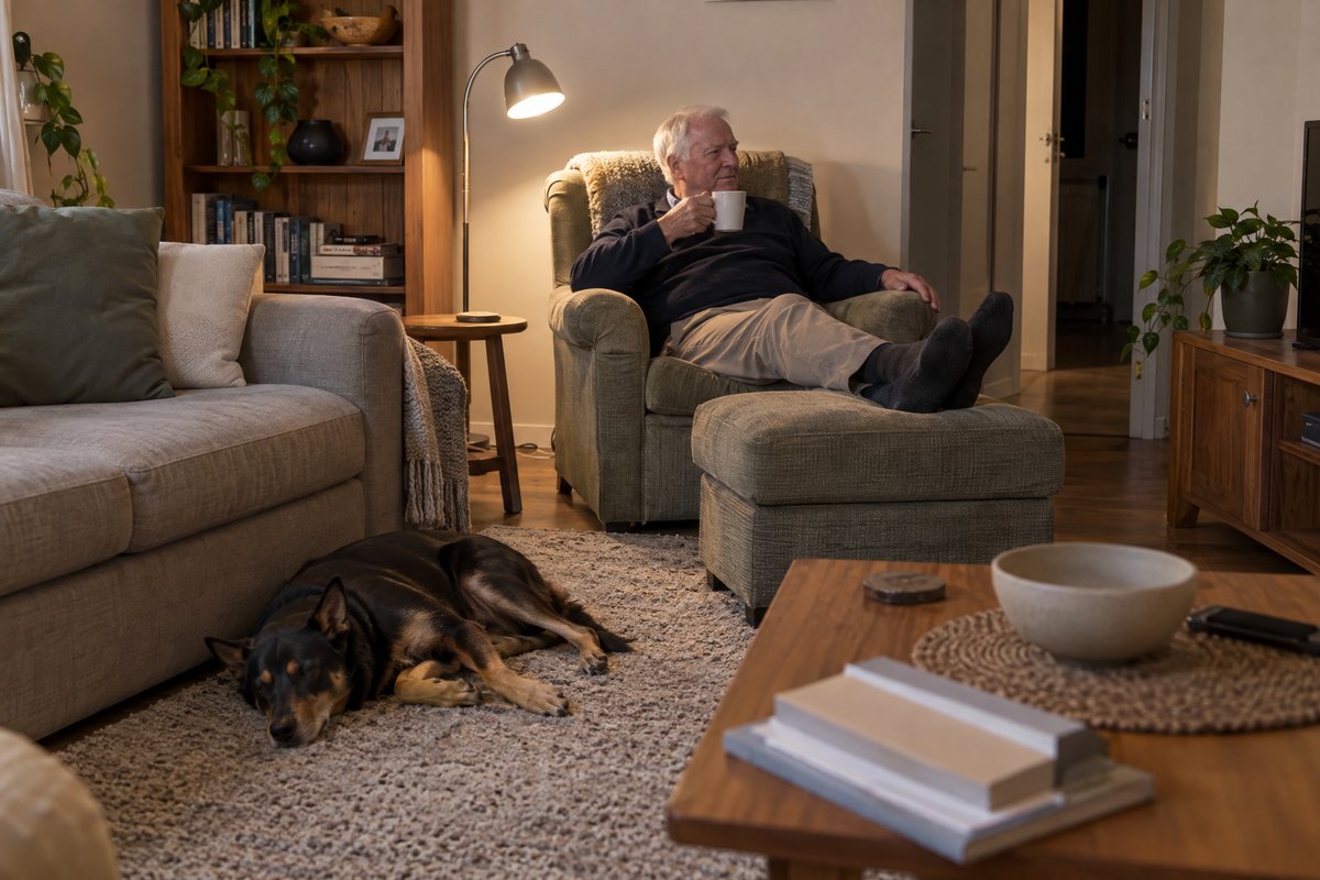 An older man relaxing in an armchair with his feet up and a cup of tea, a kelpie asleep on the rug