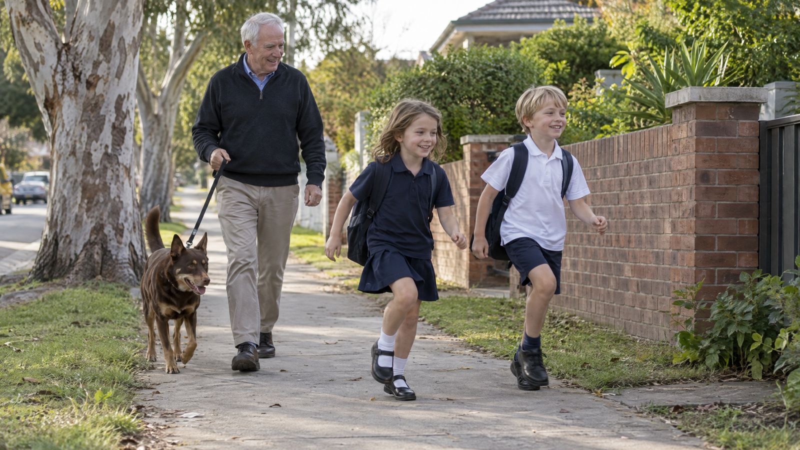 An older man walking his kelpie along a suburban footpath, two grandchildren in school uniforms skipping ahead
