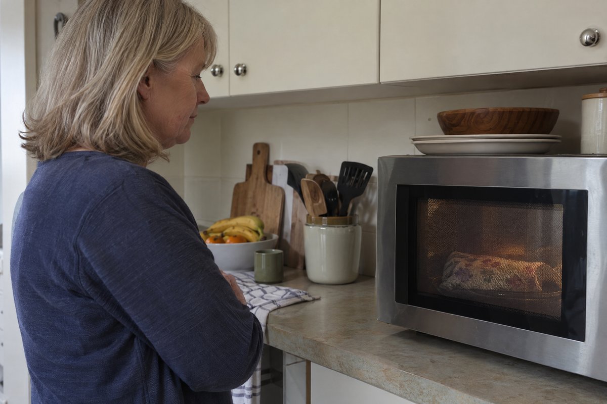 A woman standing at the microwave while a floral wheat bag heats inside