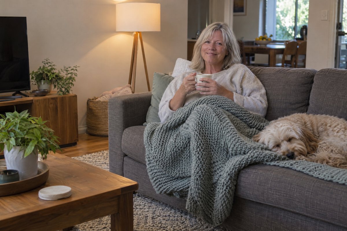 A woman relaxing on the couch under a knitted throw with a cup of tea, a small dog beside her